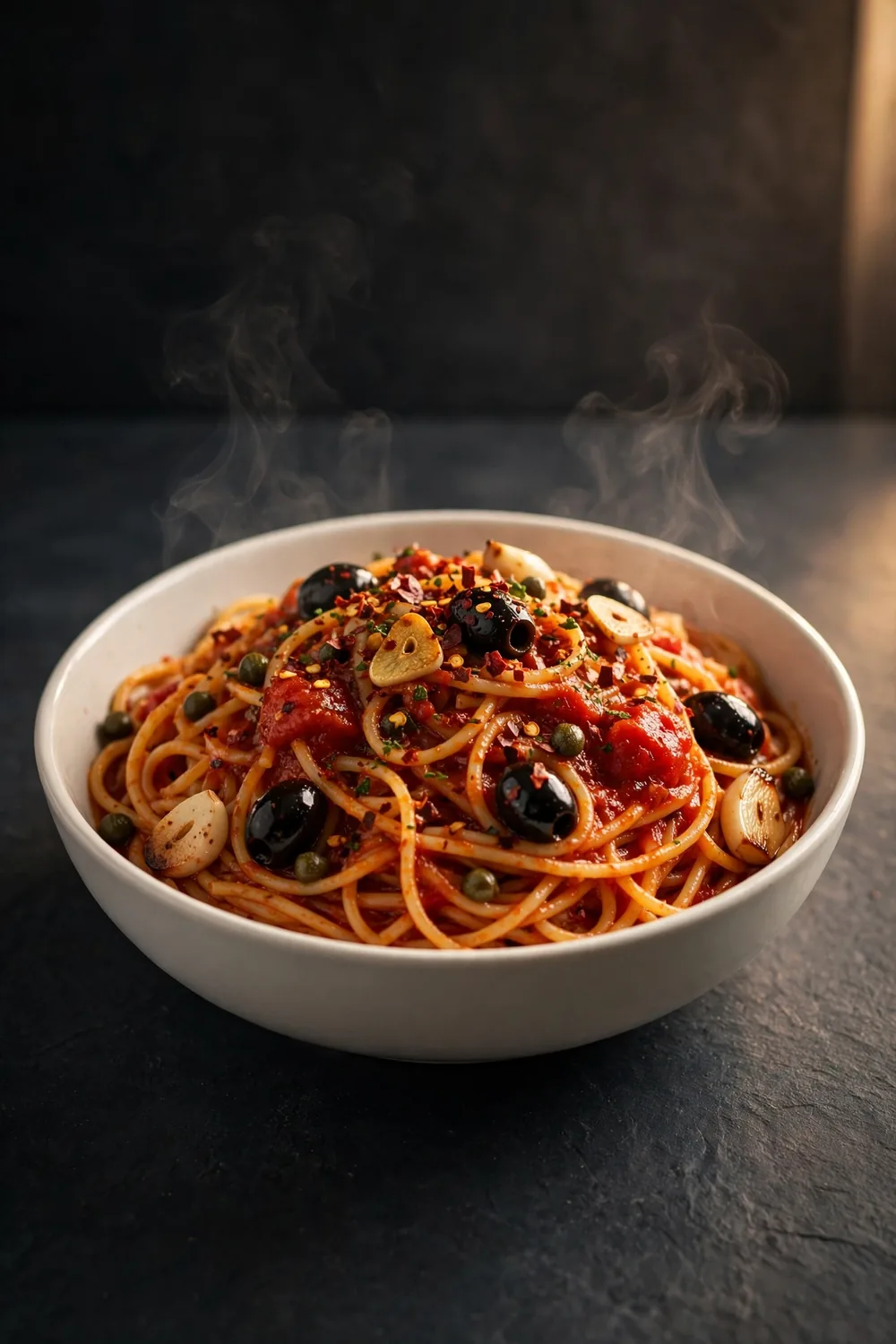 Spaghetti in spicy tomato sauce with chili flakes, olives, capers, and garlic