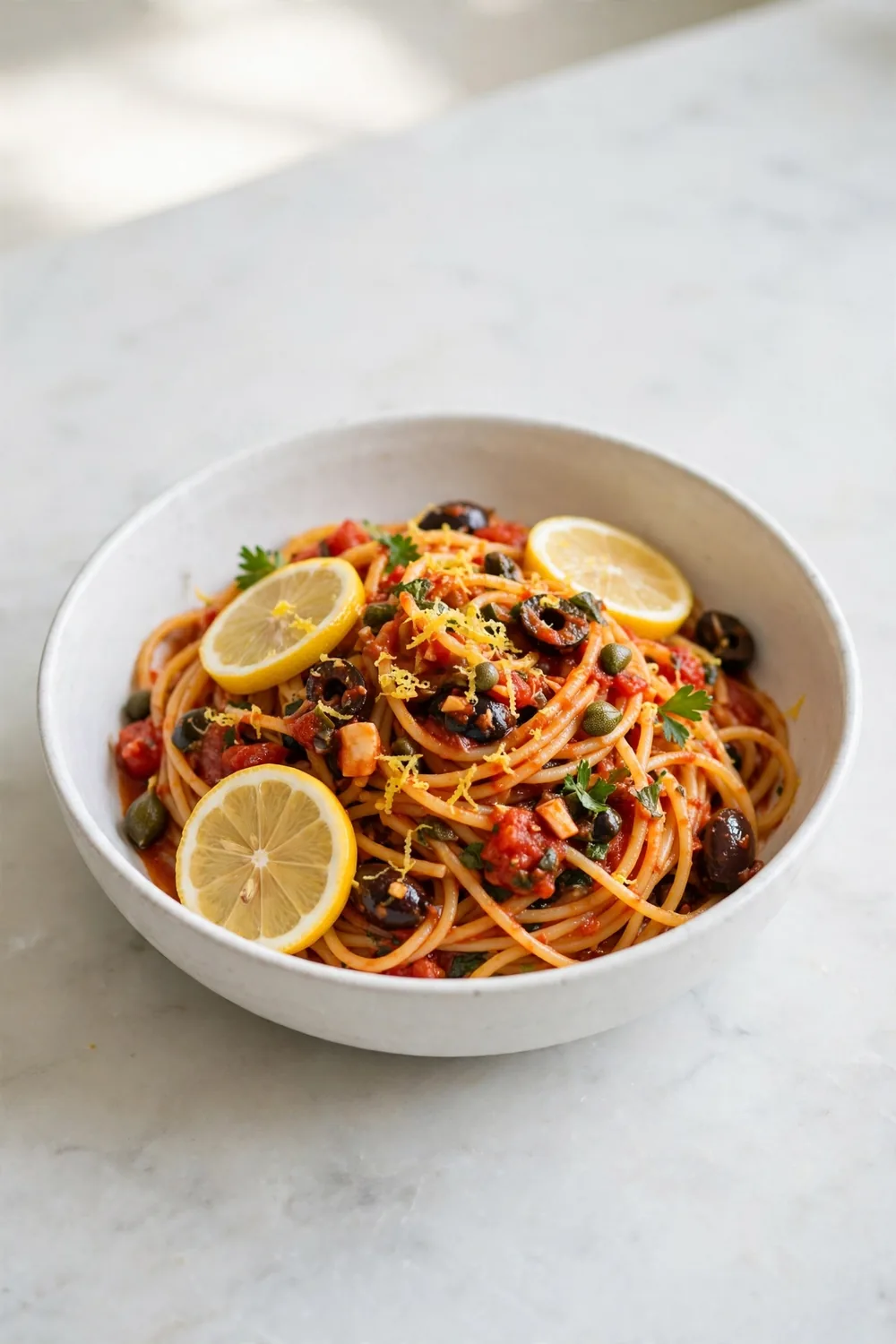 Spaghetti in tomato sauce with lemon slices, zest, olives, and capers