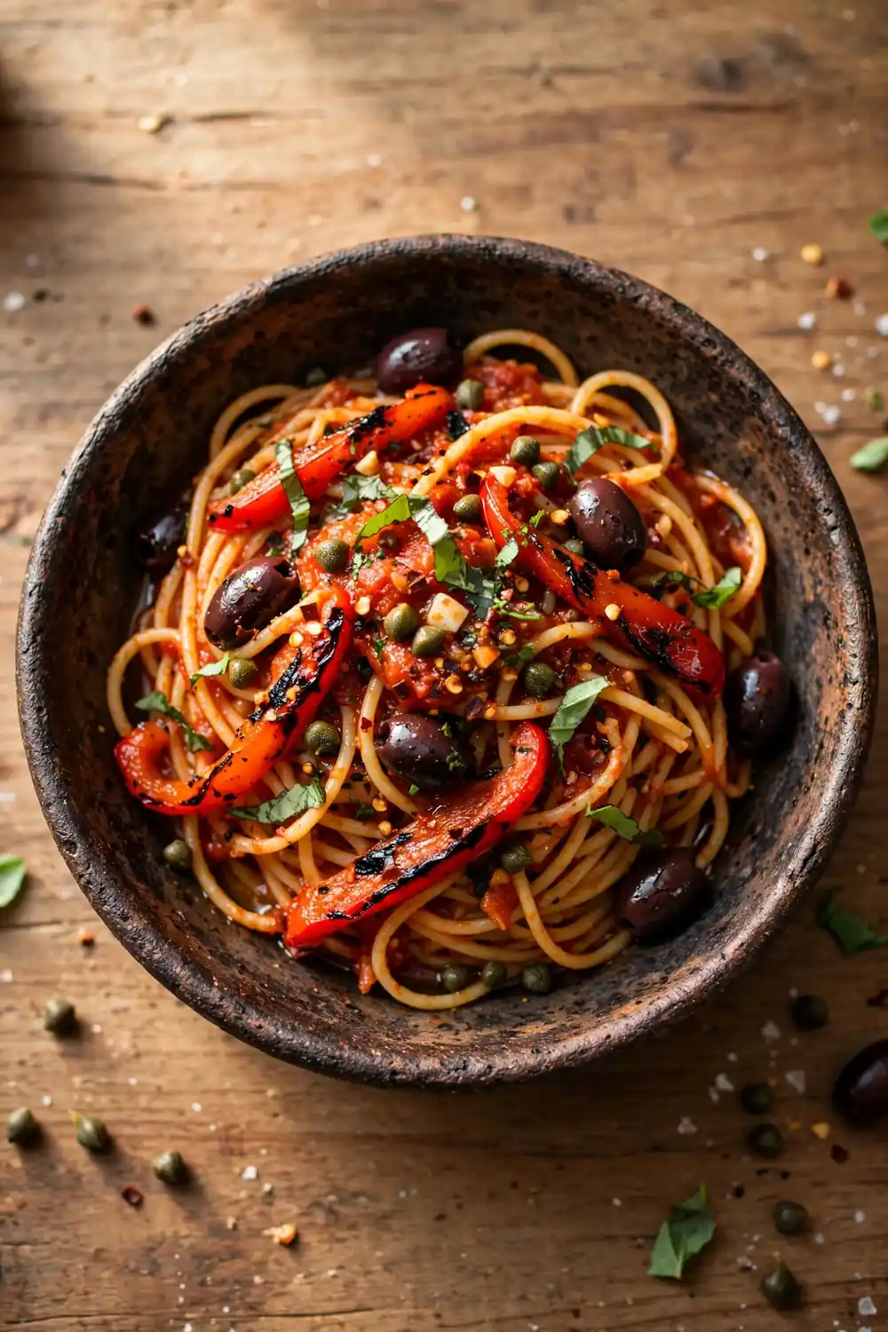 Spaghetti in tomato sauce with roasted red pepper strips, olives, and capers