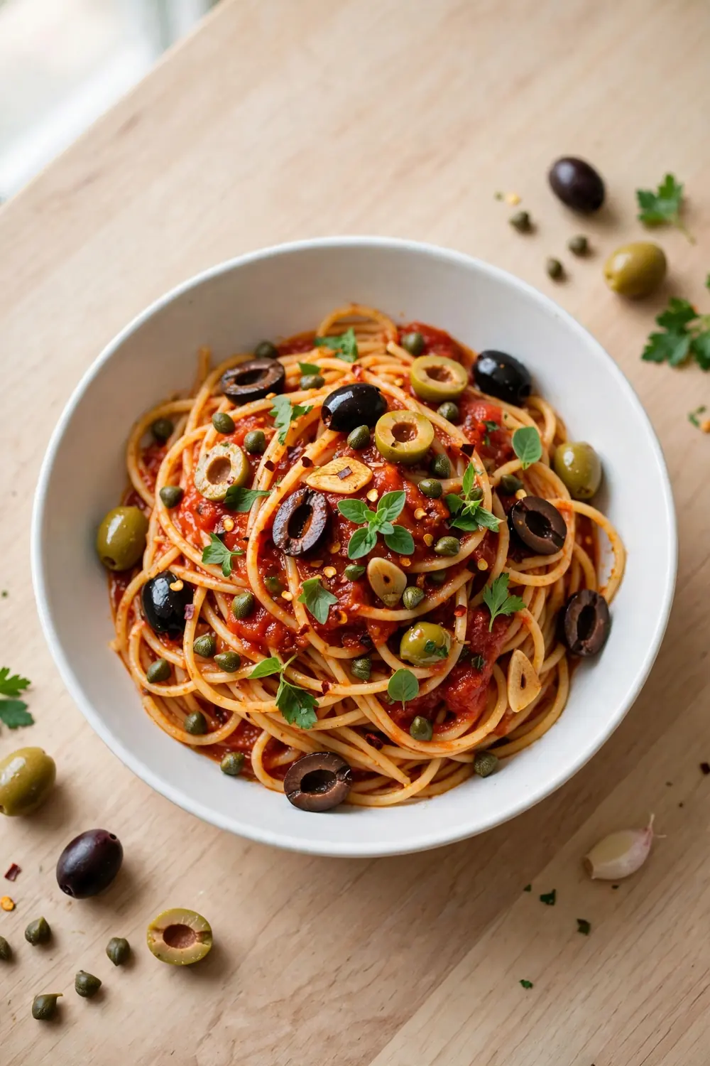 Spaghetti in tomato sauce with green and black olives and capers
