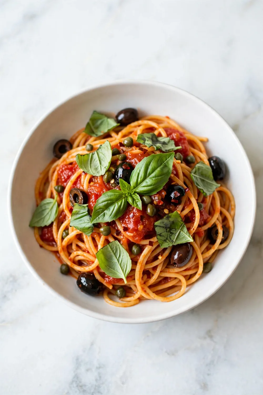 Spaghetti in tomato sauce with fresh basil, olives, and capers