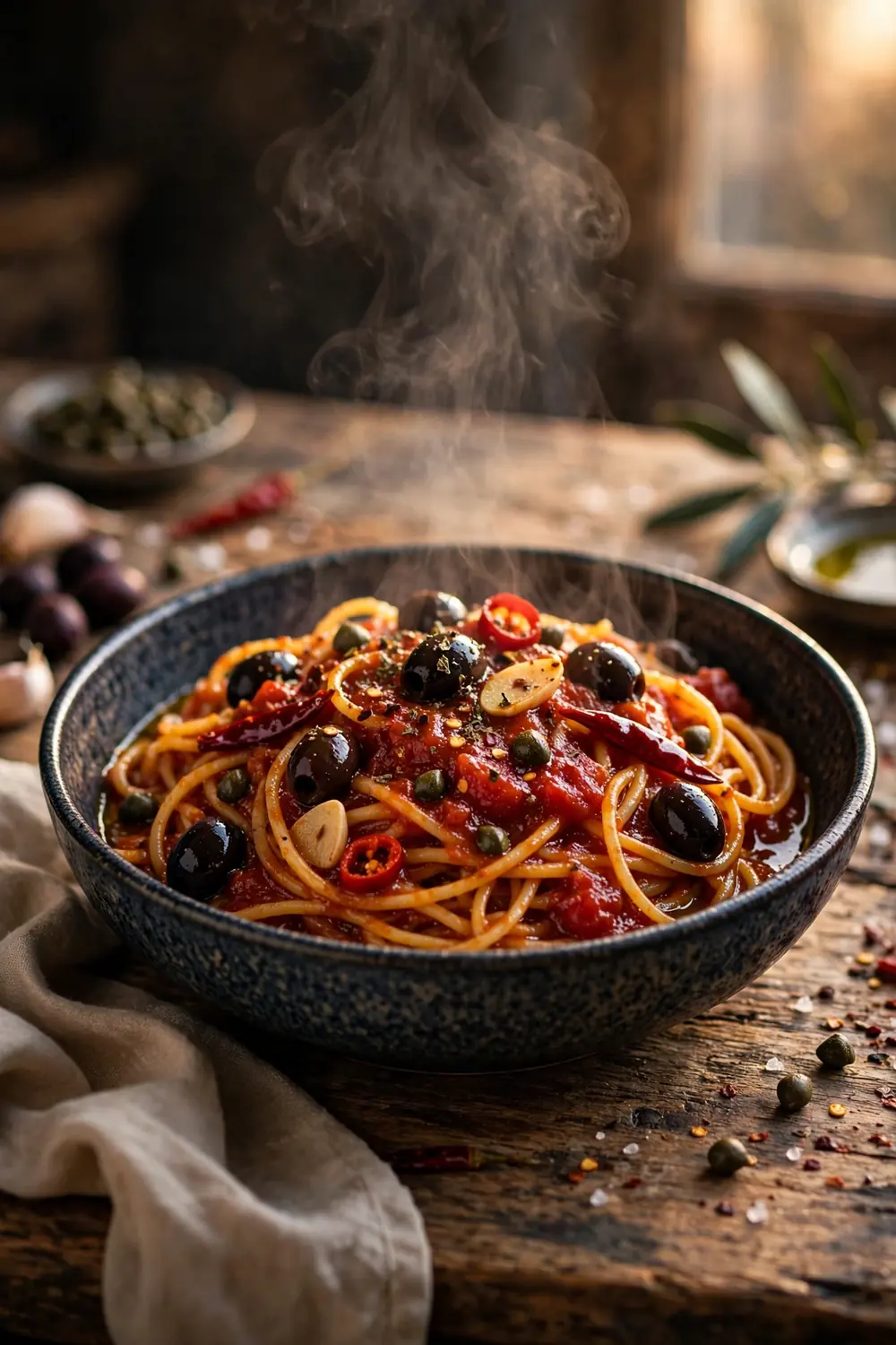 Spaghetti in thick tomato sauce with olives, capers, chili, and garlic
