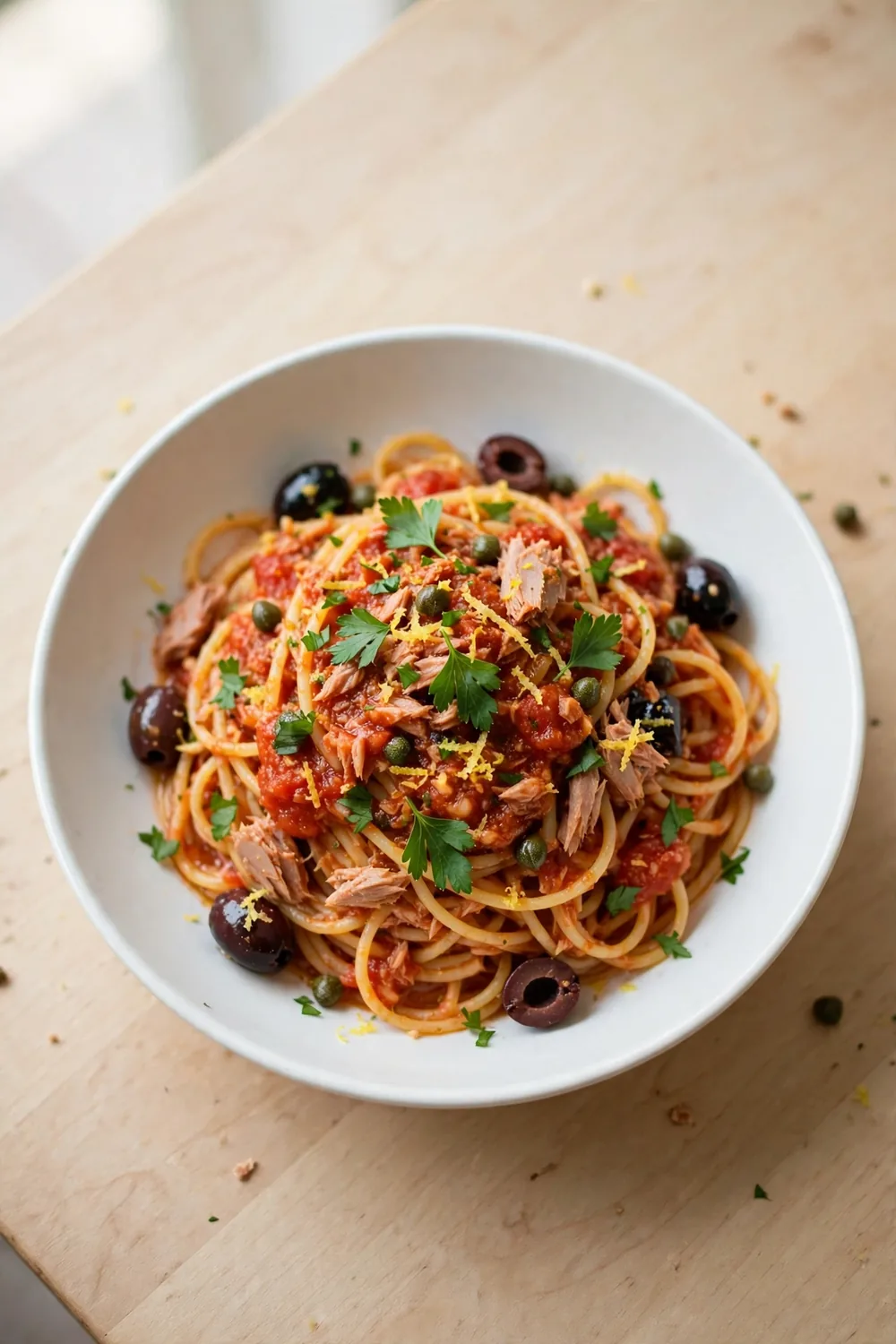 Spaghetti in tomato sauce with flaked tuna, olives, capers, and lemon zest