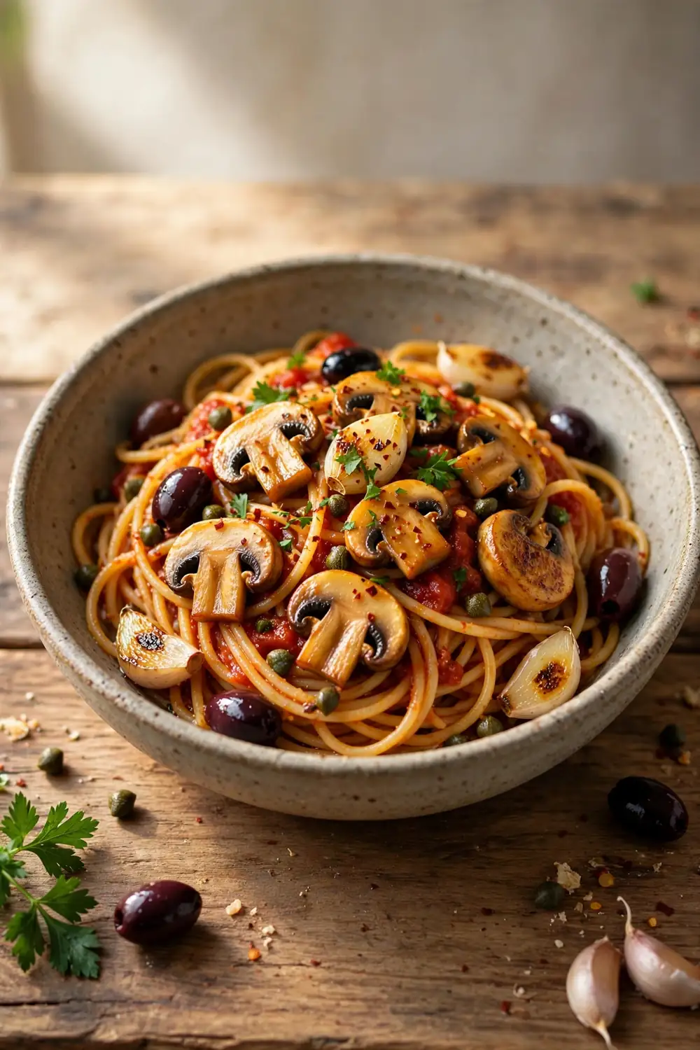 Spaghetti in tomato sauce with seared mushrooms, olives, and capers