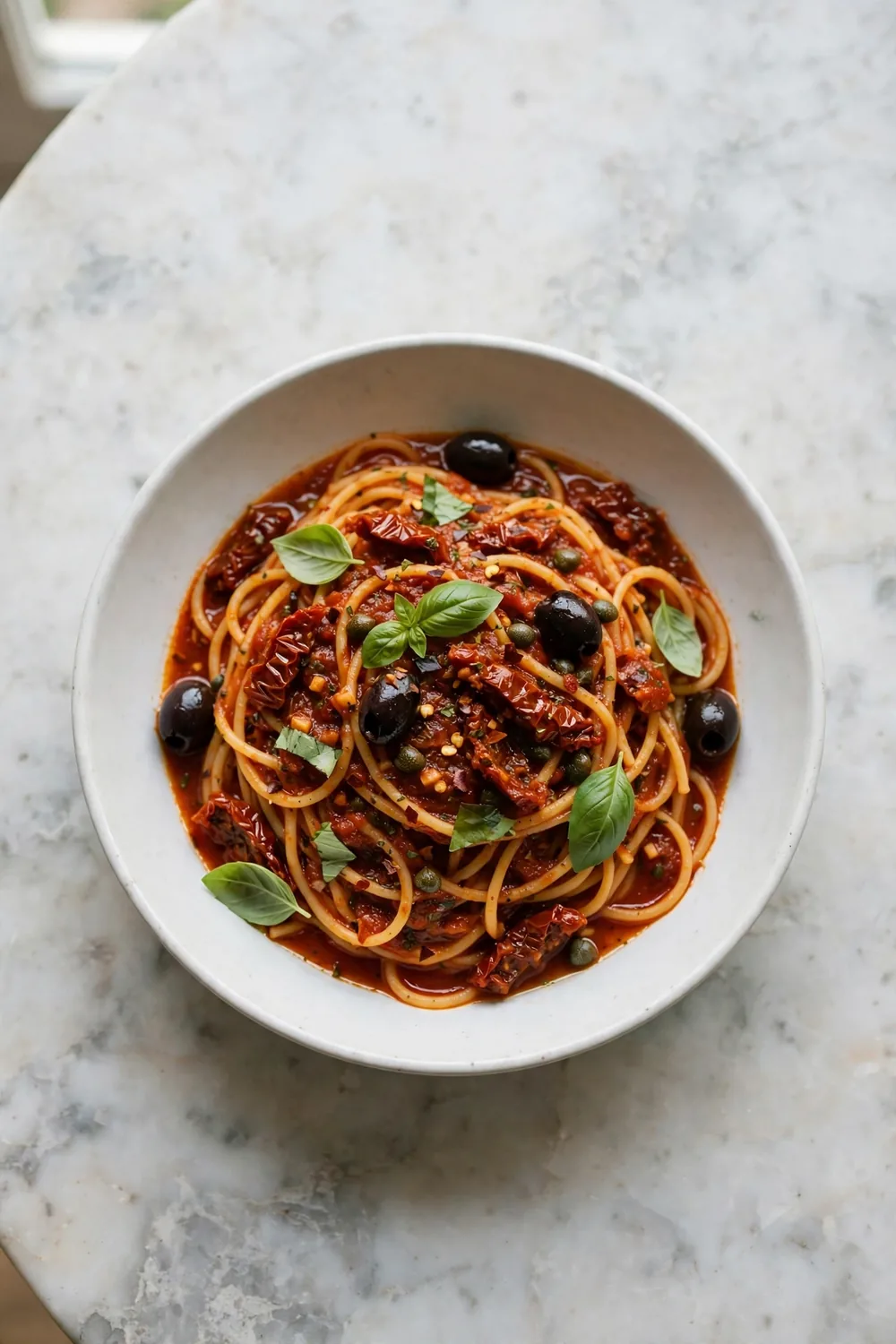 Spaghetti in tomato sauce with sun dried tomatoes, olives, capers, and basil