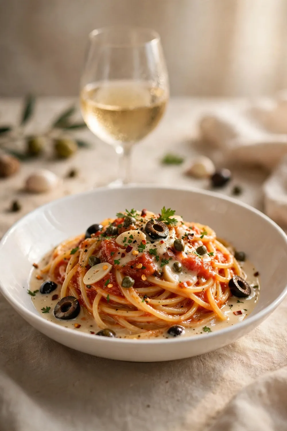 Spaghetti in tomato sauce with olives, capers, and garlic, wine glass behind