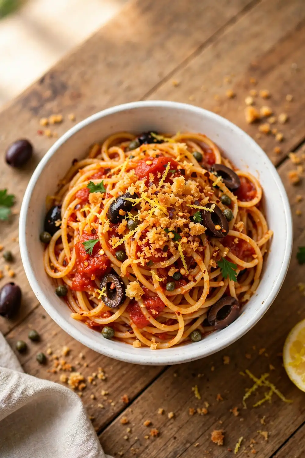 Spaghetti in tomato sauce with crispy breadcrumb topping, olives, and capers