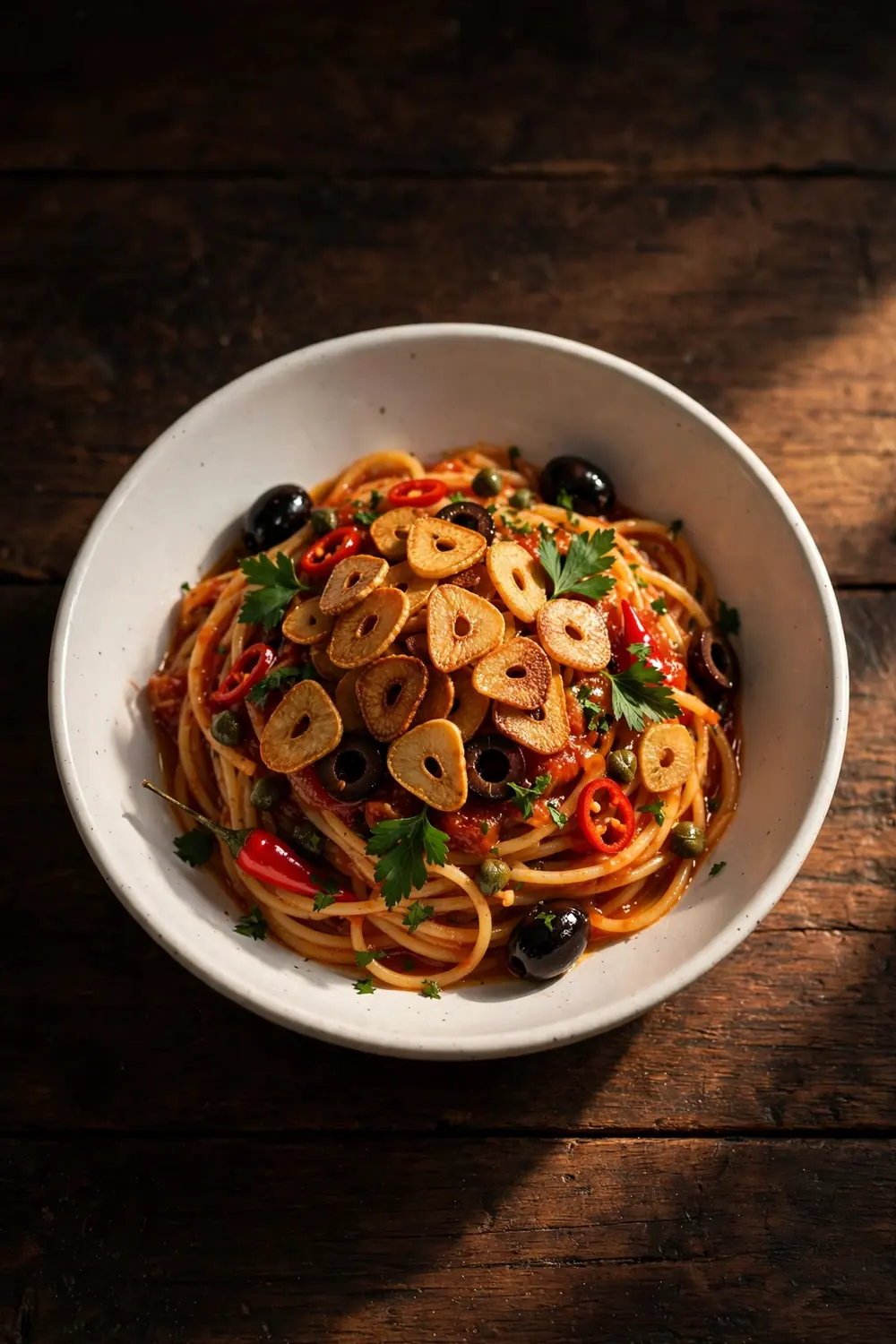 Spaghetti in tomato sauce with golden garlic slices, olives, capers, and chili