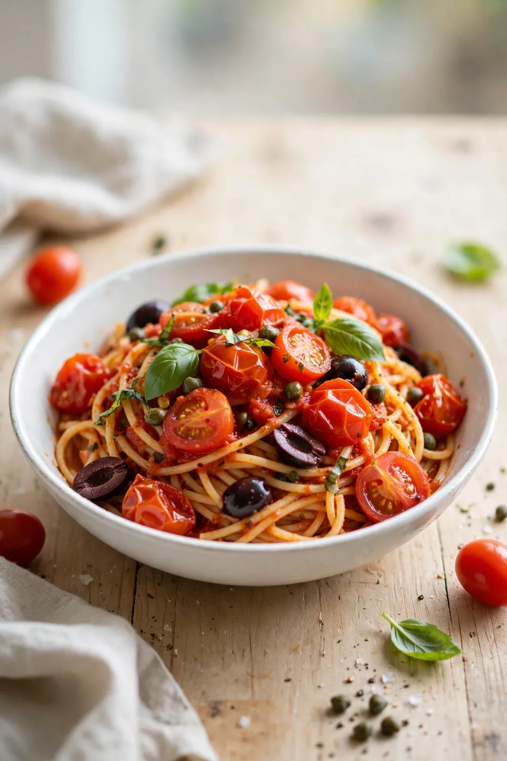 Spaghetti in tomato sauce with burst cherry tomatoes, olives, capers, and basil