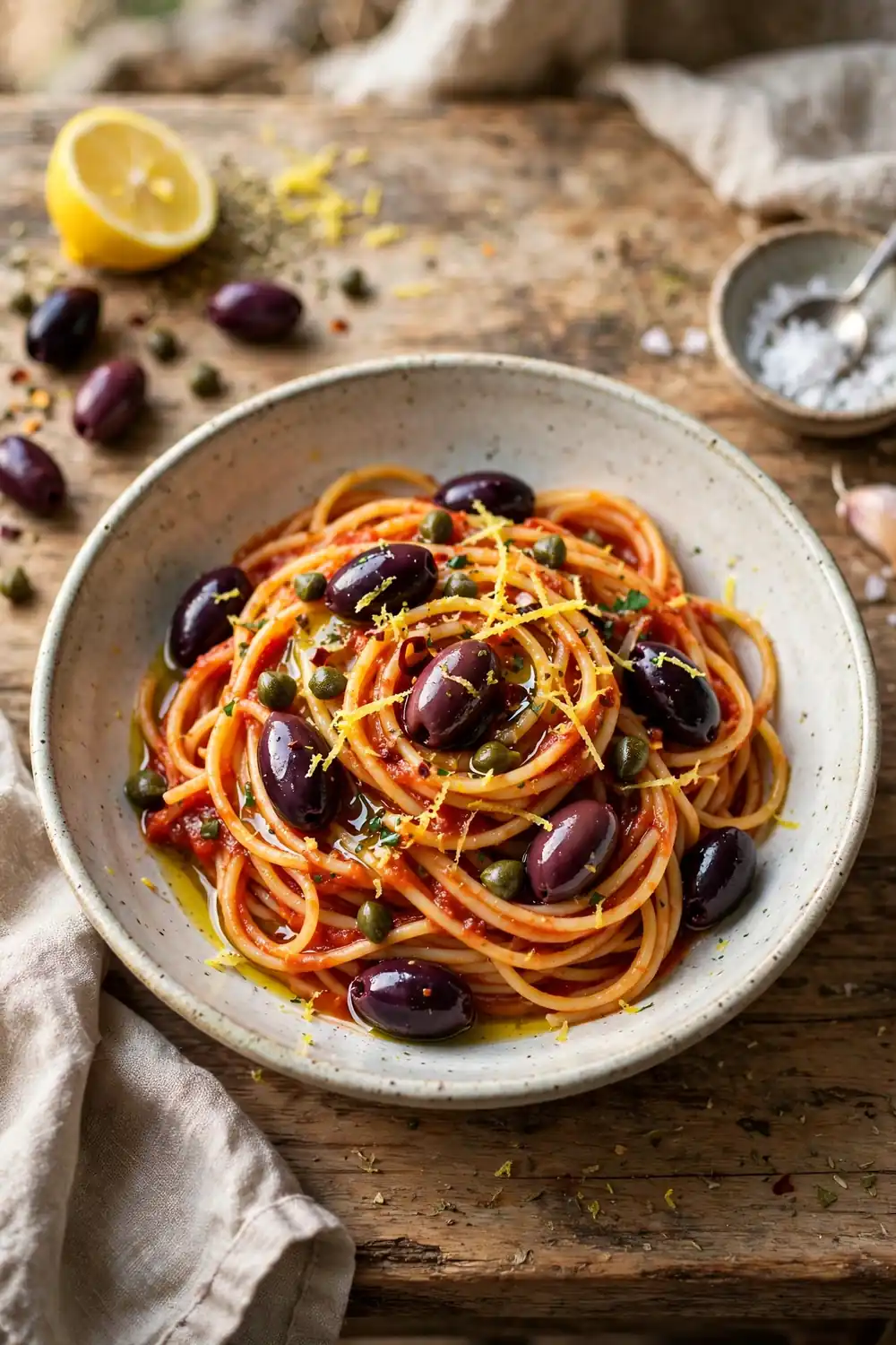 Spaghetti in tomato sauce with Kalamata olives, capers, and lemon zest