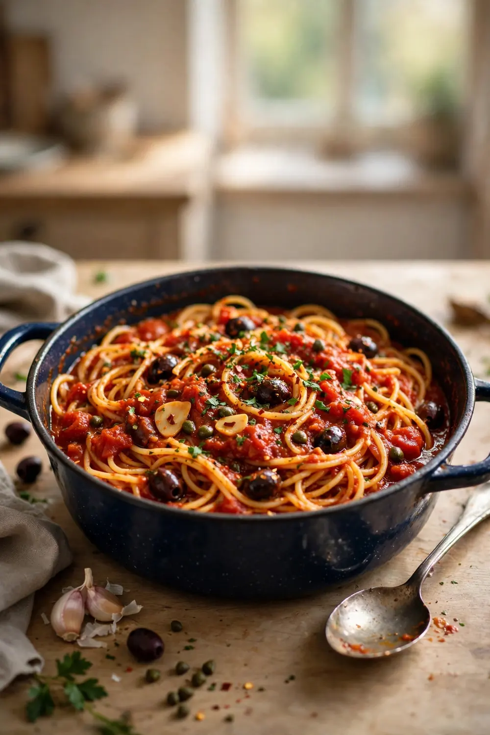Spaghetti in tomato sauce with olives, capers, and herbs in a wide pot