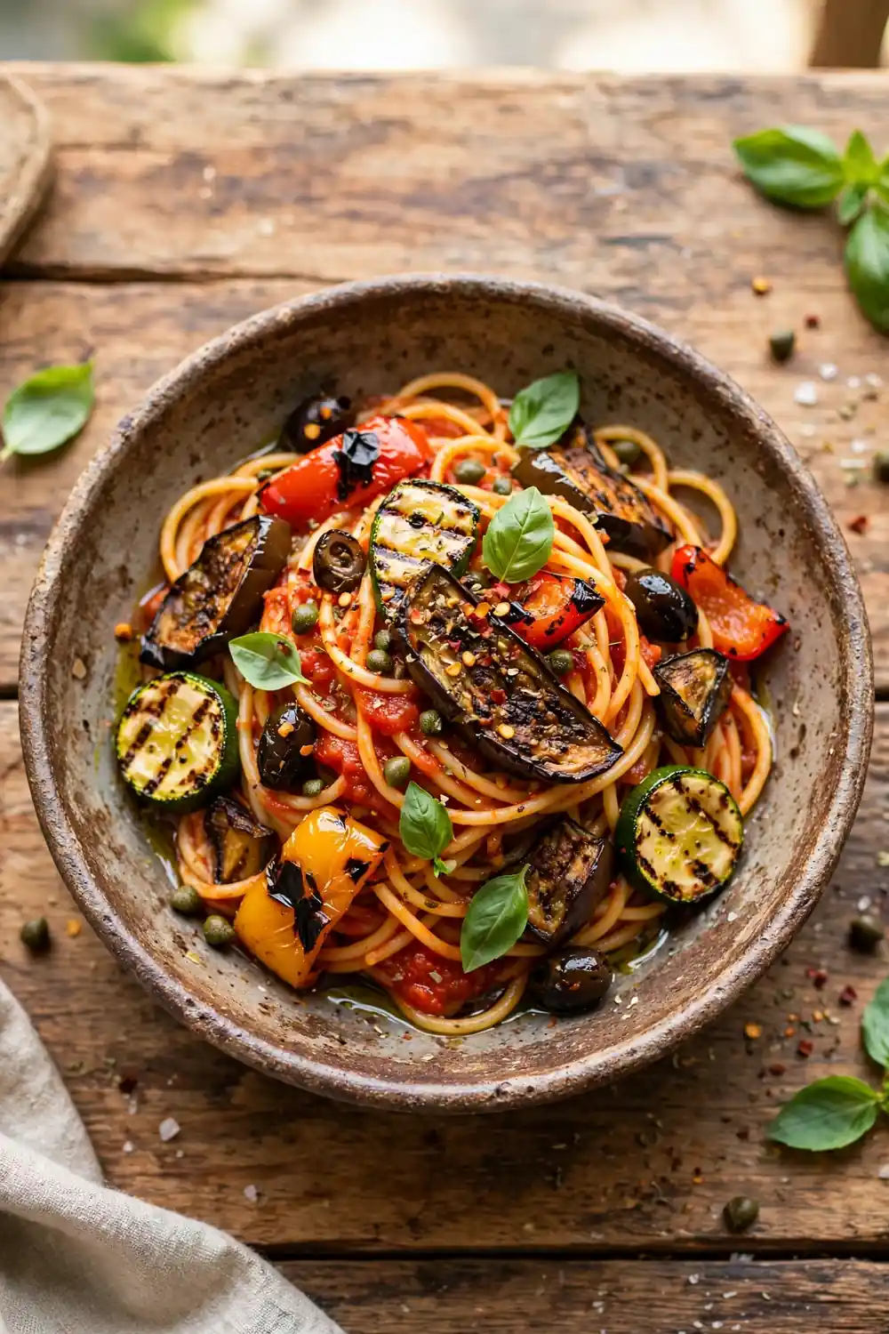 Spaghetti in tomato sauce with grilled zucchini, eggplant, peppers, olives, and capers