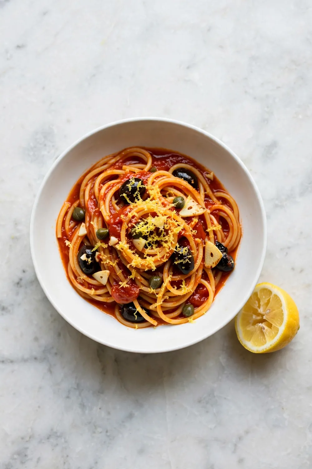 Spaghetti in tomato sauce with lemon zest, olives, capers, and garlic