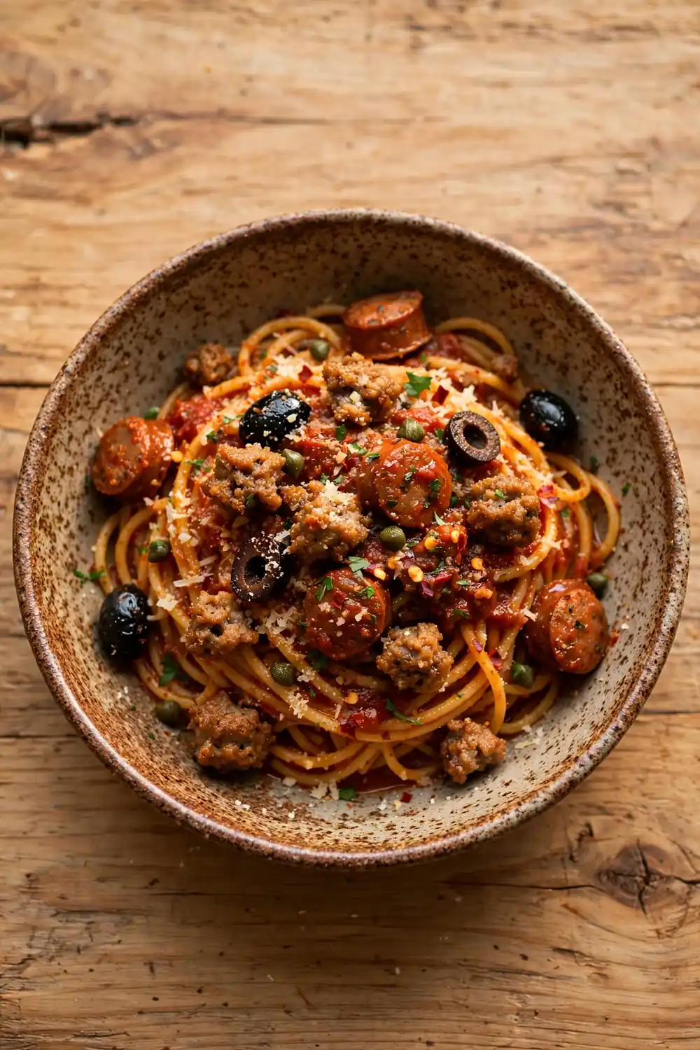 Spaghetti in tomato sauce with sausage crumbles, olives, capers, and cheese