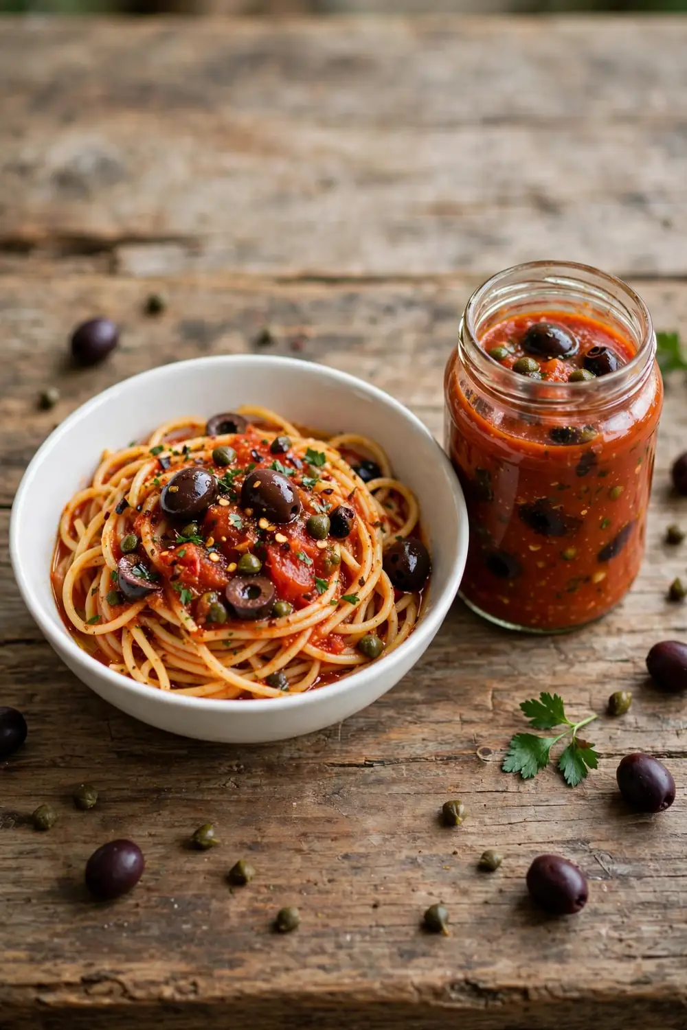 Bowl of spaghetti in tomato sauce with olives and capers beside a jar of sauce