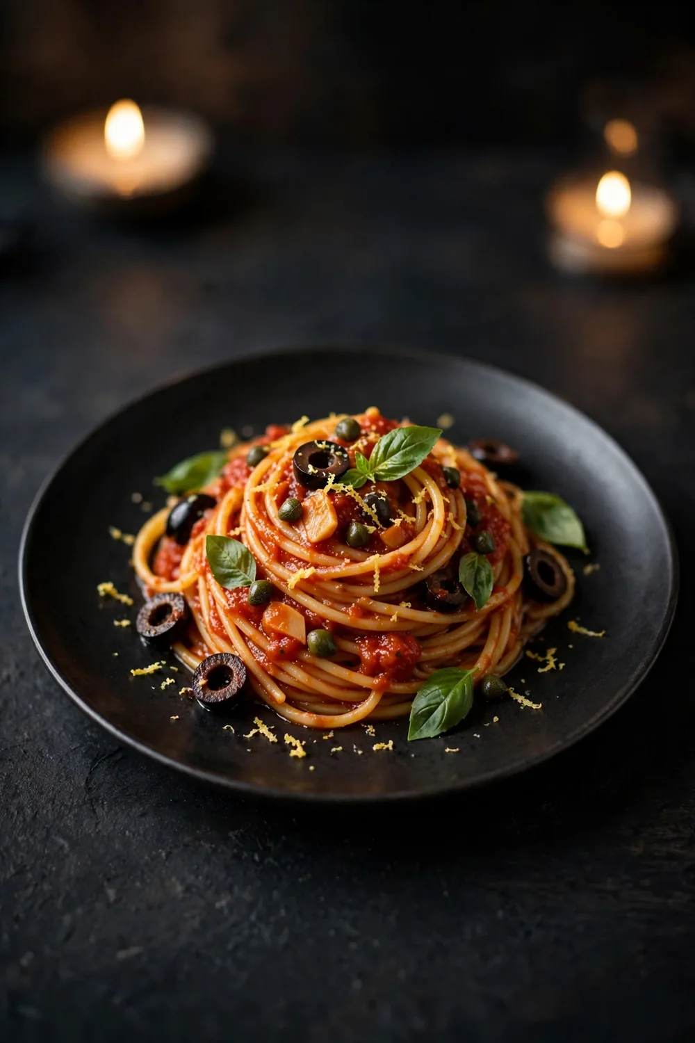 Twirled spaghetti in tomato sauce with olives, capers, basil, and lemon zest