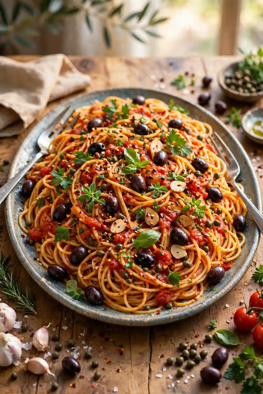 Large platter of spaghetti in tomato sauce with olives, capers, and fresh herbs