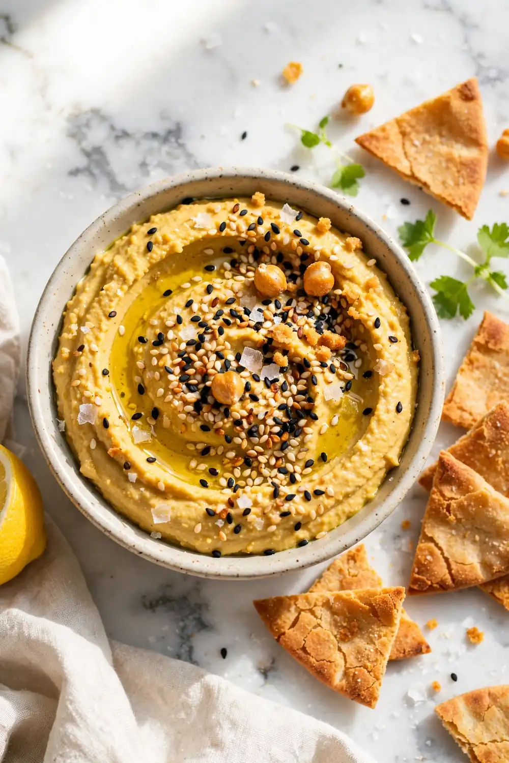 Hummus topped with sesame crunch