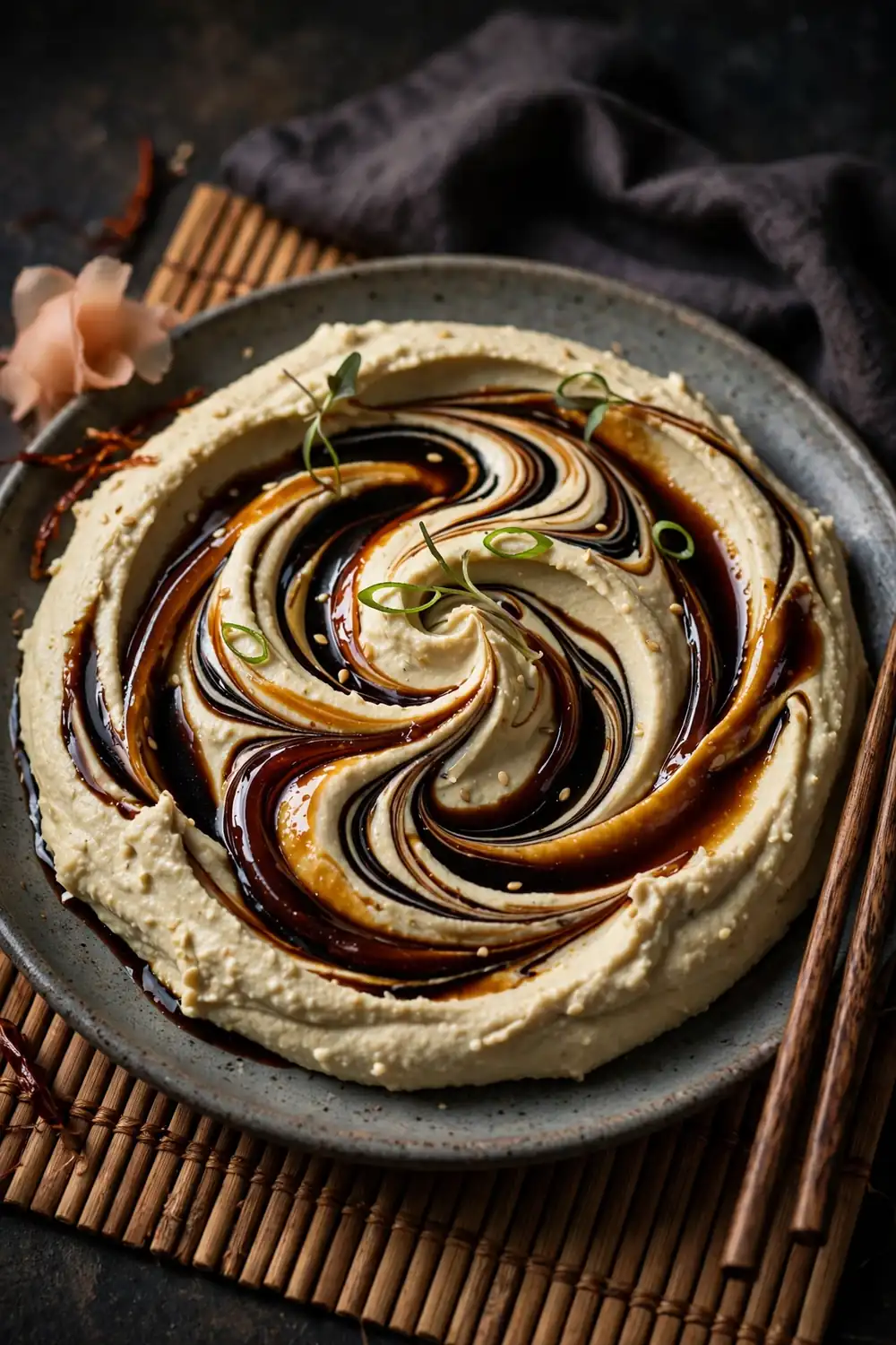 Hummus with soy glaze swirls