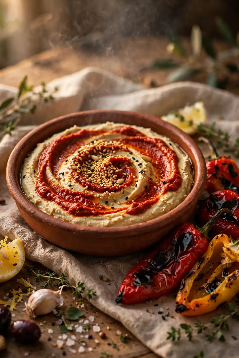 Harissa fire sesame hummus
