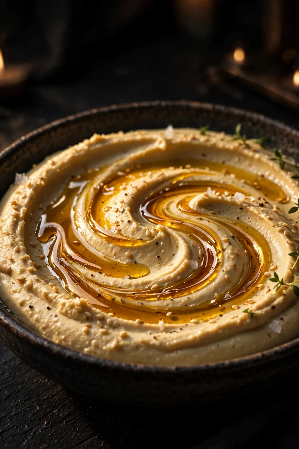 Hummus with sesame oil ribbon