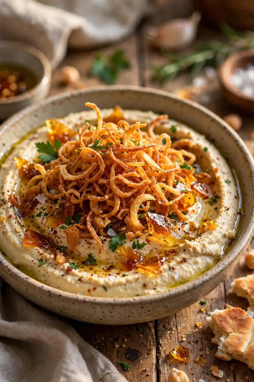Hummus with crispy shallot crumbs