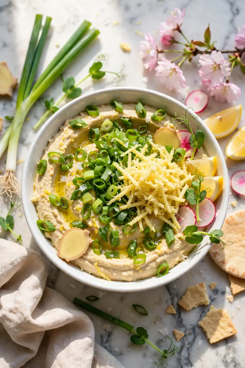 Hummus with scallion ginger tops
