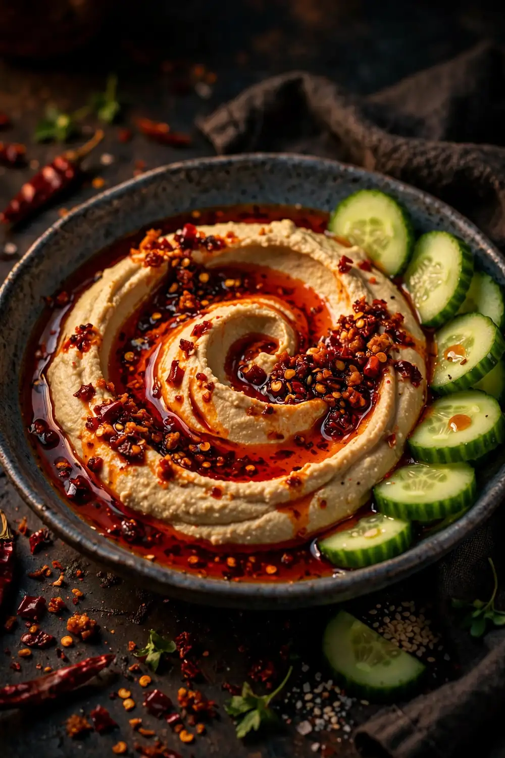 Hummus with chili crisp swirls