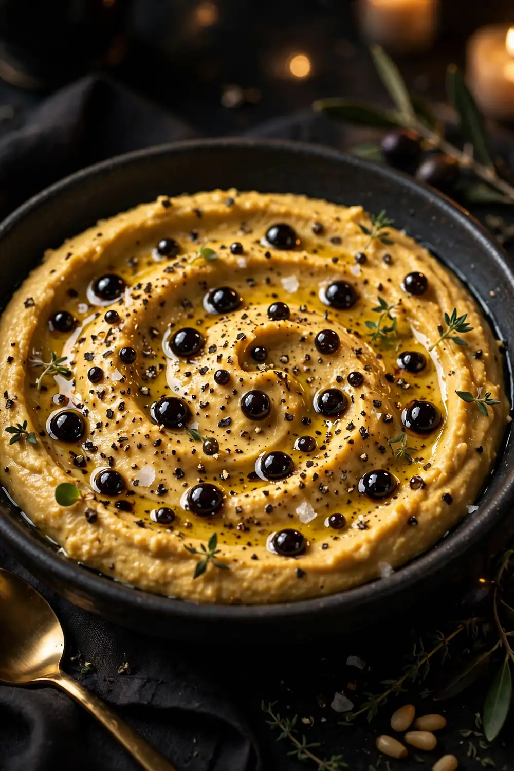 Hummus with balsamic pepper pearls
