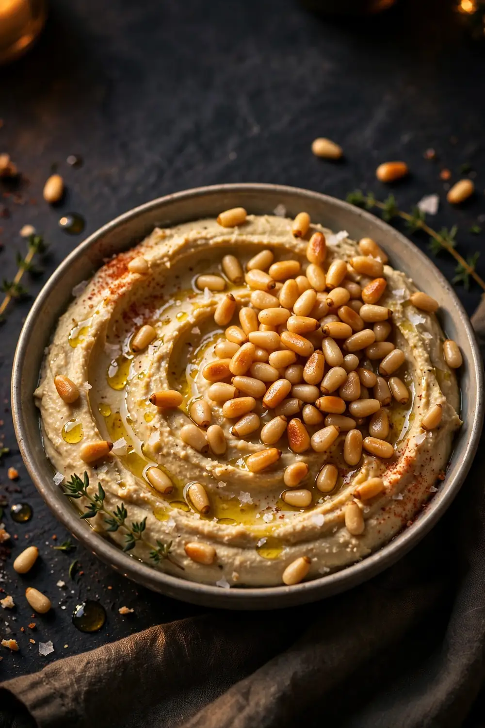 Hummus with pine nut crunch