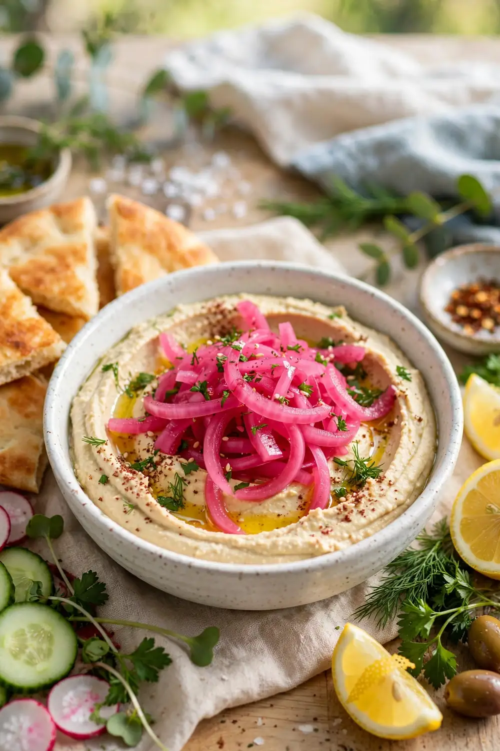 Hummus with pickled onion brights
