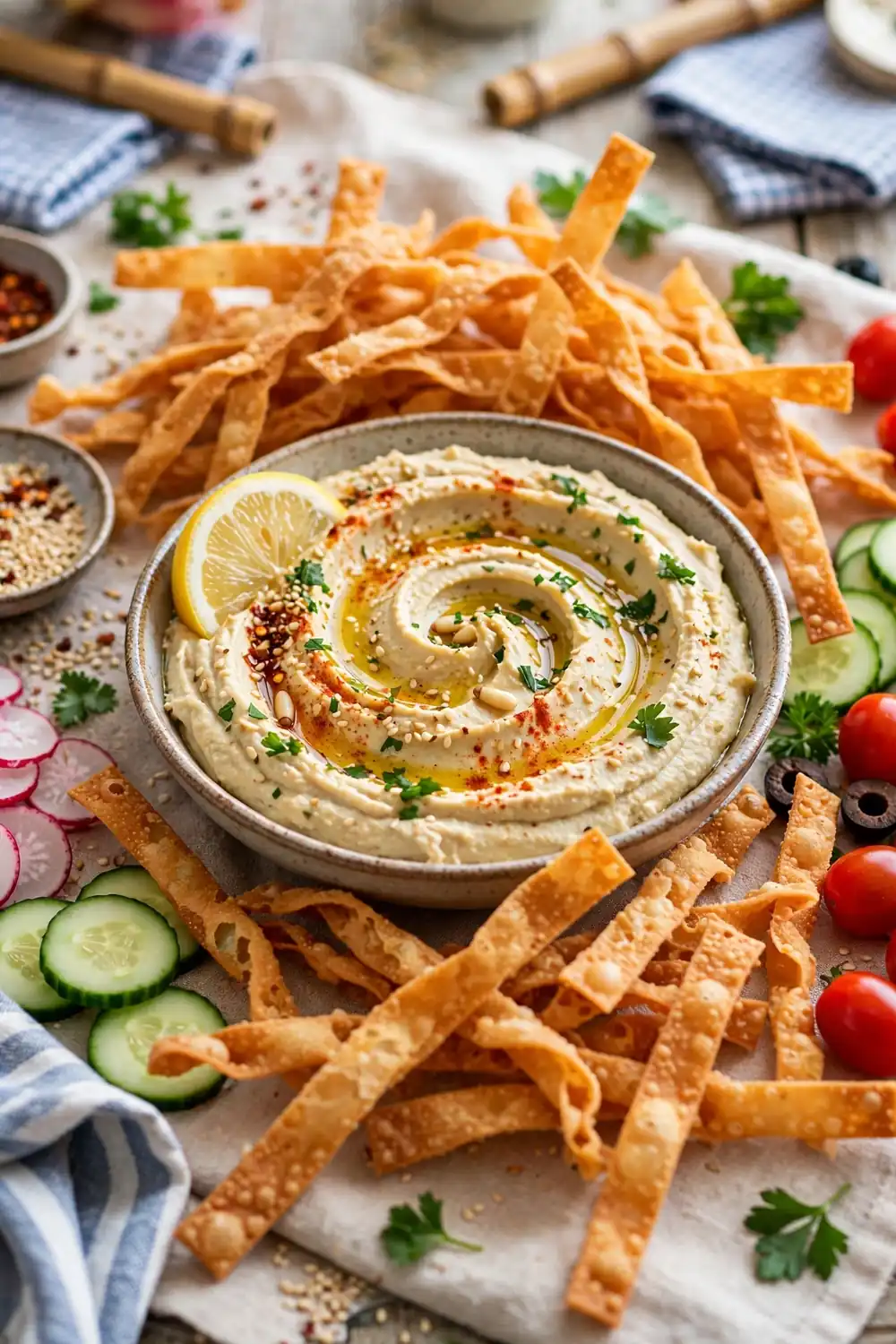 Hummus with crispy wonton scoops