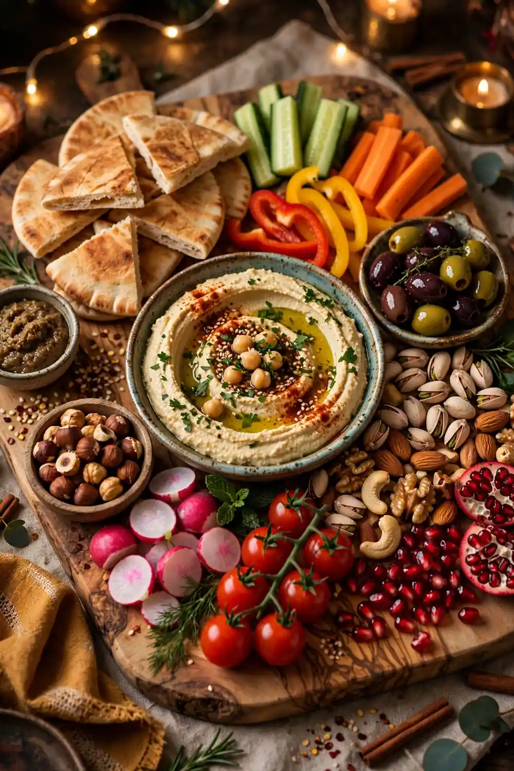 Party snack board with spicy sesame hummus