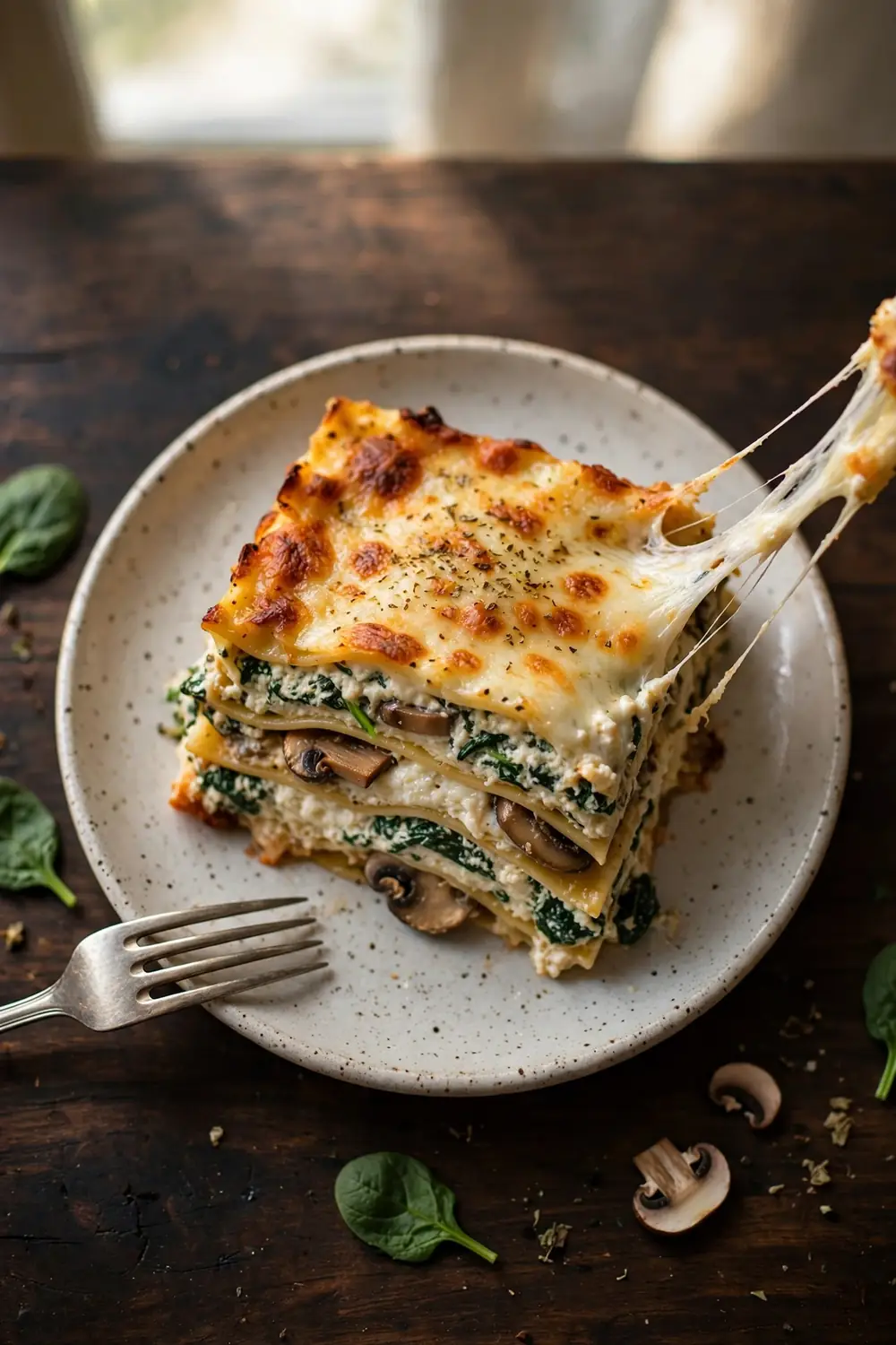 Lasagna slice with creamy ricotta and cheese pull on a plate
