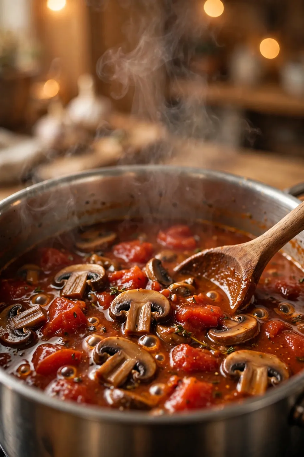 Simmering tomato mushroom sauce in a pot with wooden spoon