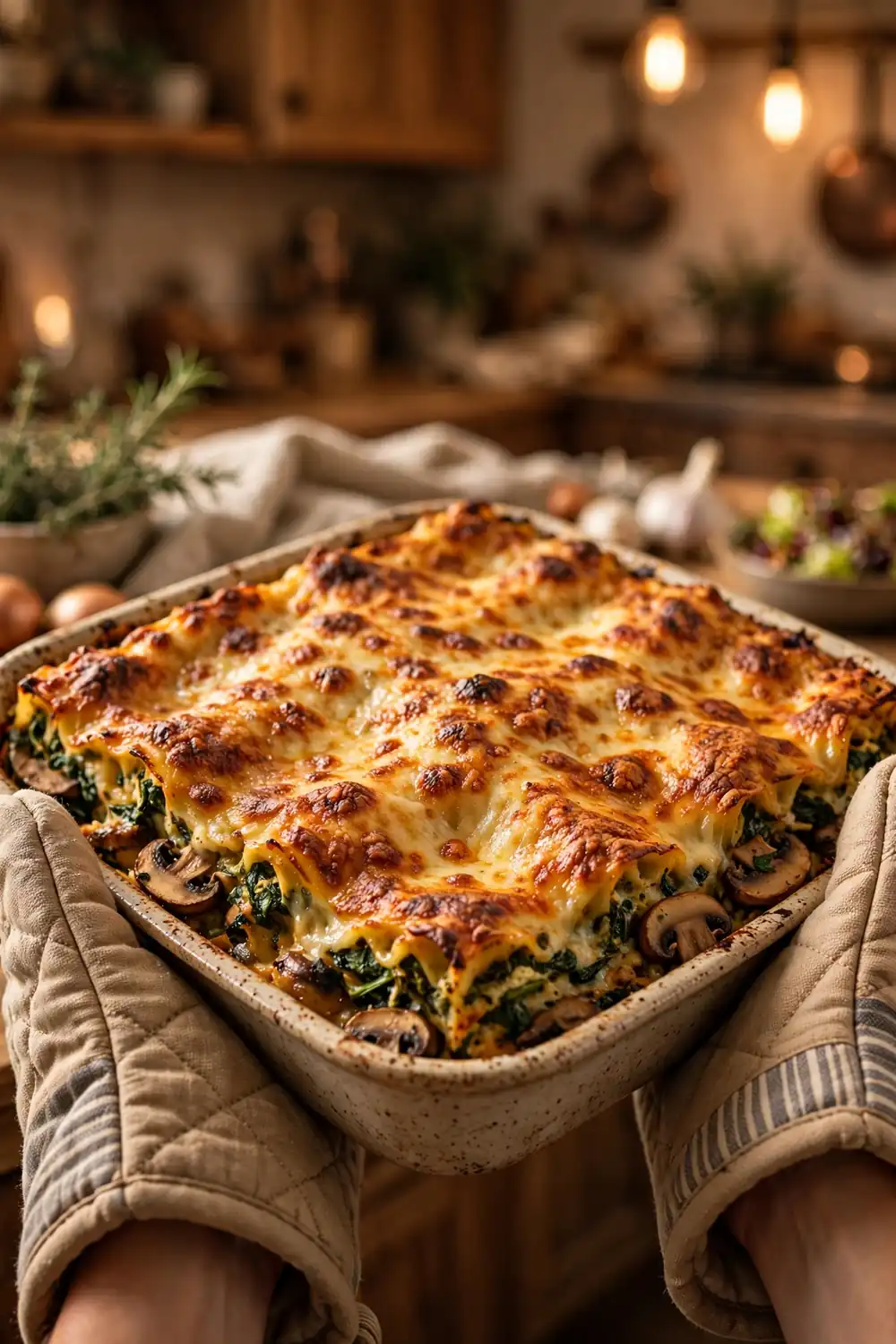 Golden brown lasagna fresh from the oven with crispy cheese