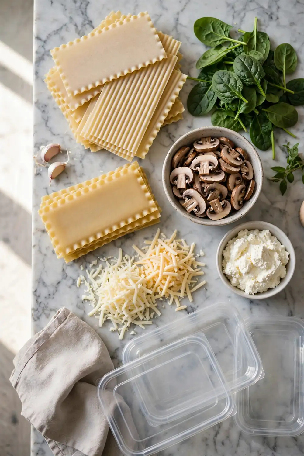 Lasagna prep ingredients arranged on a marble counter