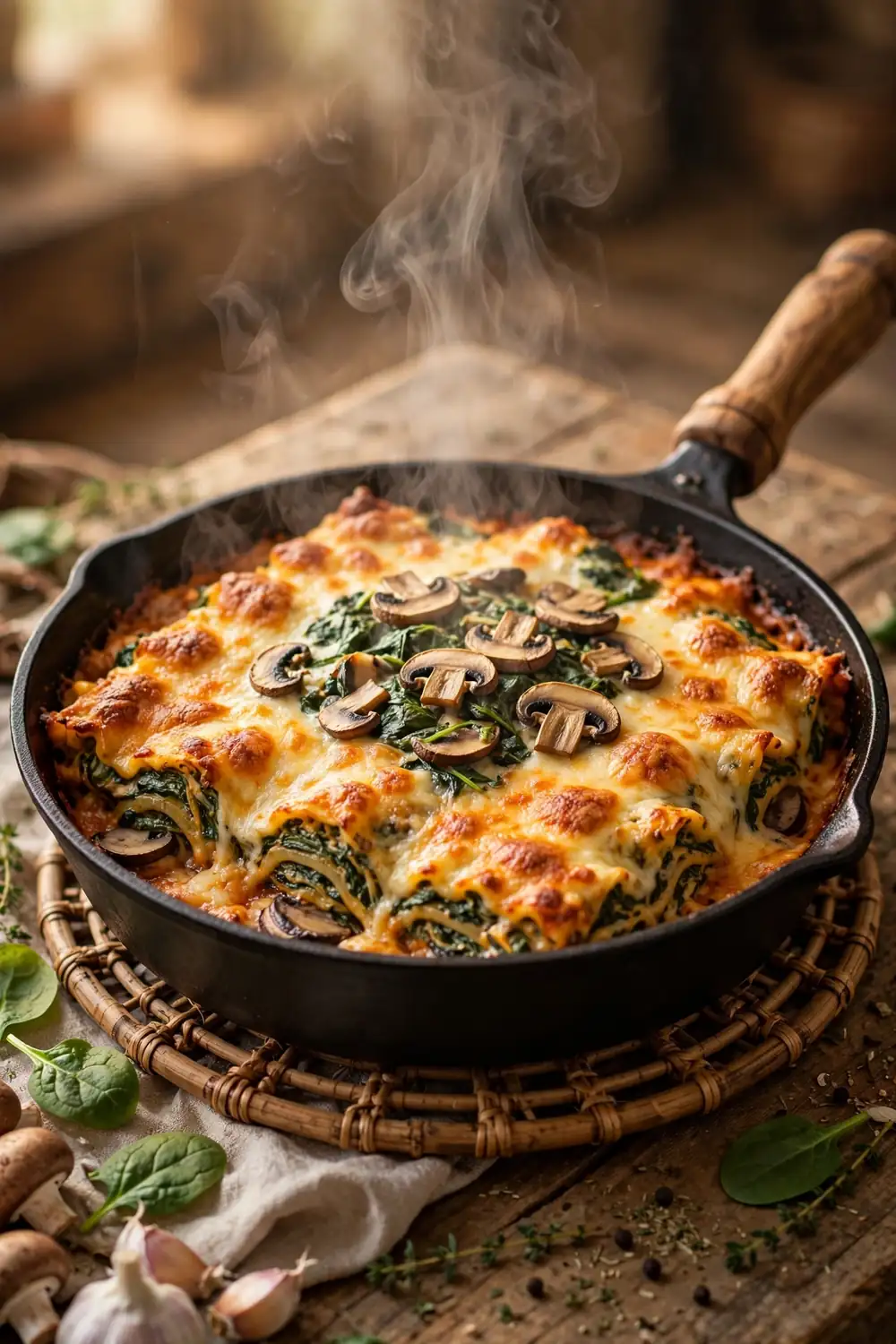 Cheesy lasagna baked in a cast iron skillet