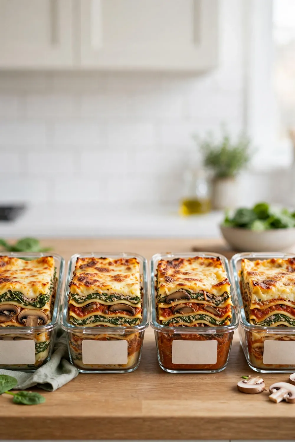 Individual lasagna portions in glass meal prep containers