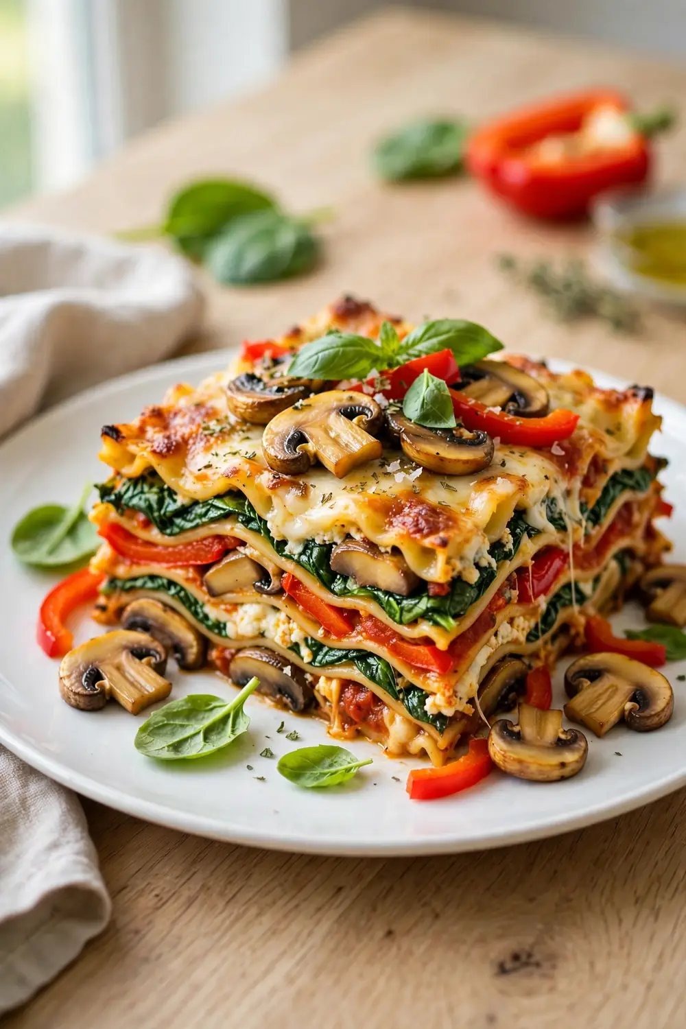 Colorful veggie lasagna slice with spinach and peppers