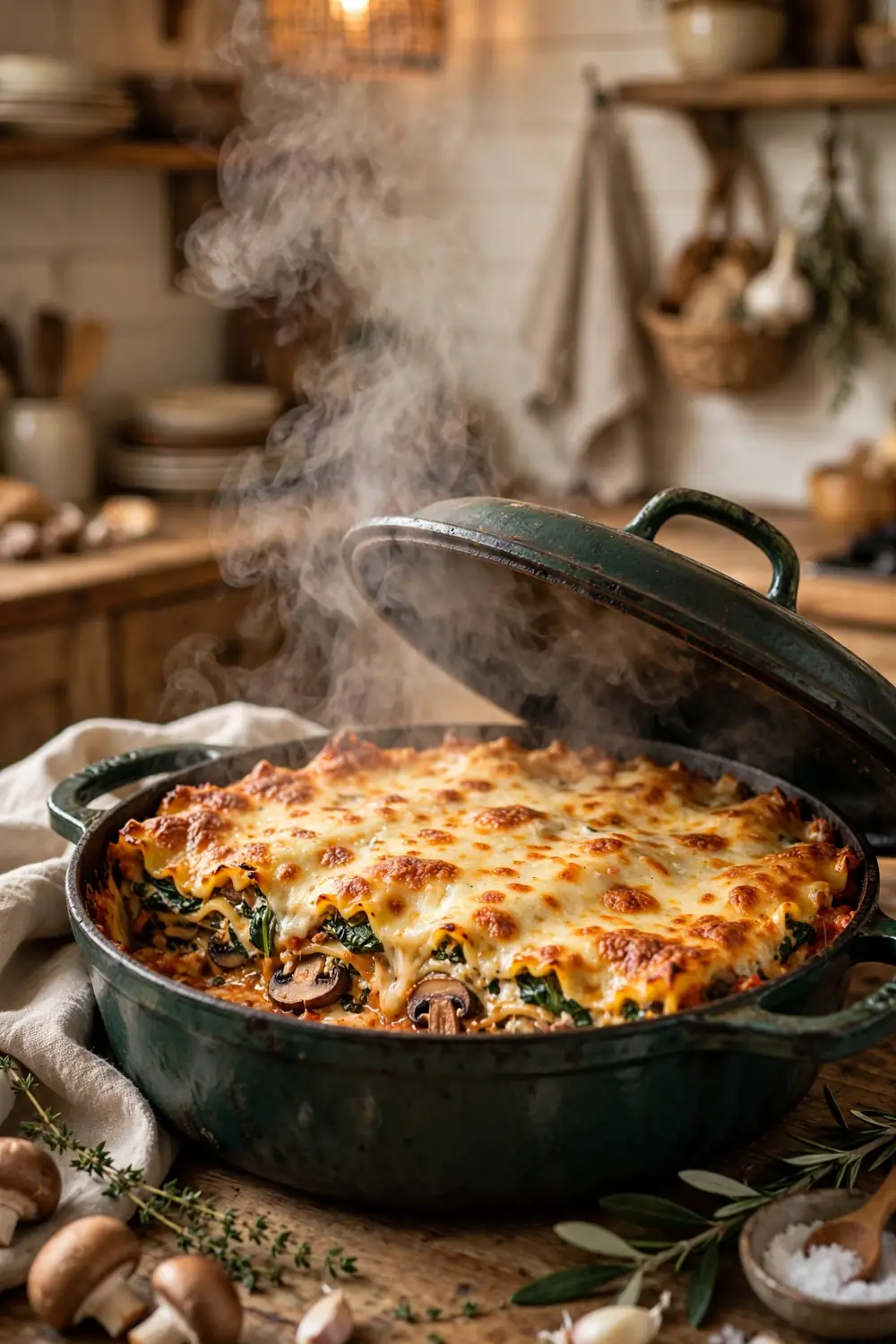 Lasagna baking in a rustic cast iron braiser with steam
