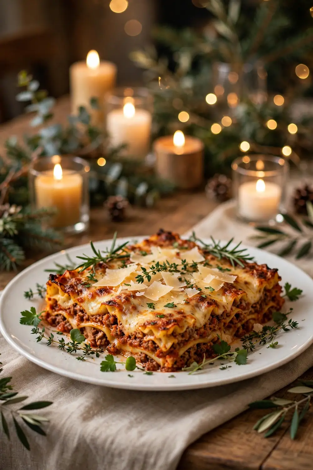 Elegant lasagna centerpiece on a holiday dinner table