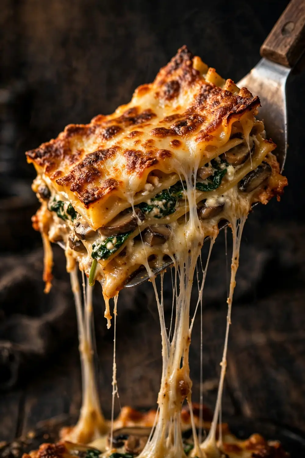 Crispy lasagna corner piece lifted with a spatula