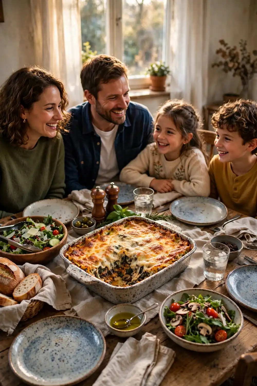 Family Sunday dinner table with a large lasagna