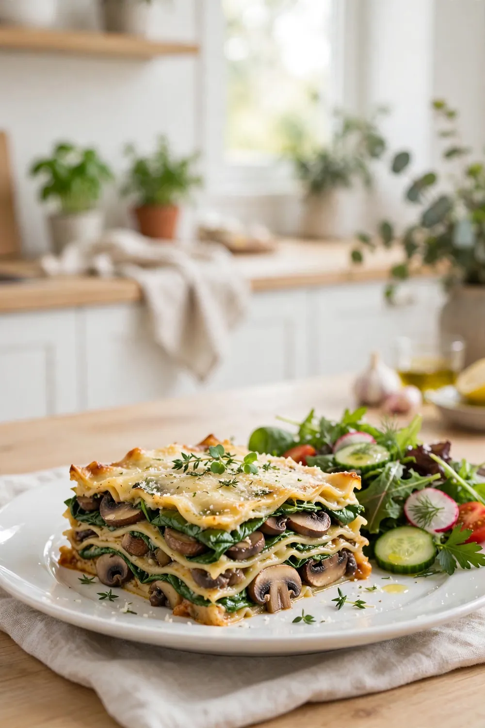 Light lasagna slice with salad on a white plate
