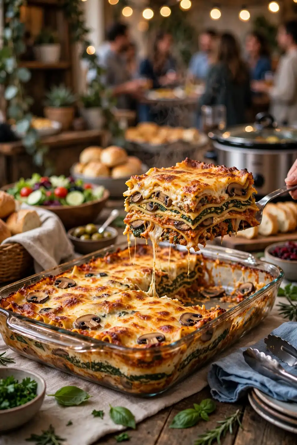 Tall lasagna slice being served at a buffet table