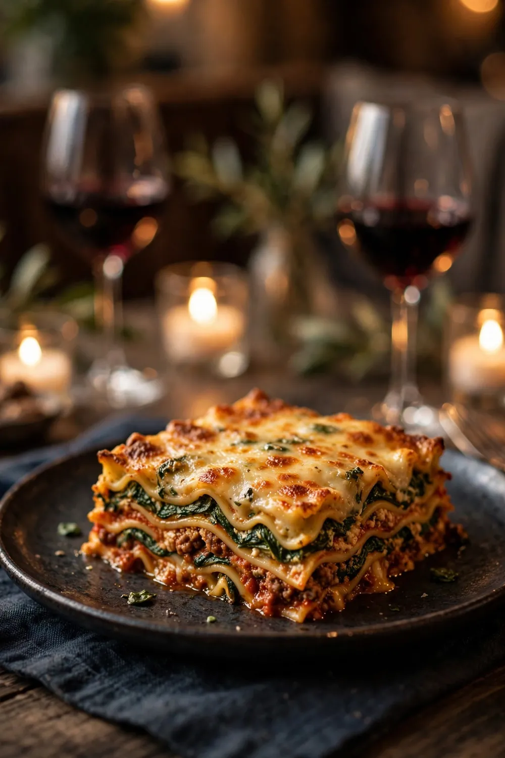 Date night lasagna slice with candlelight and wine