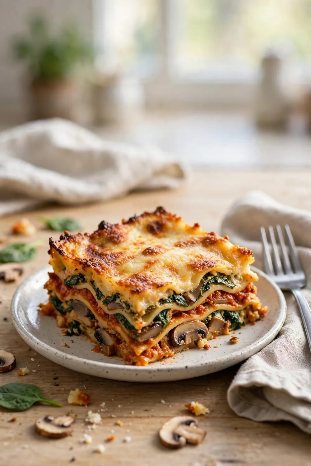 Reheated leftover lasagna slice for lunch