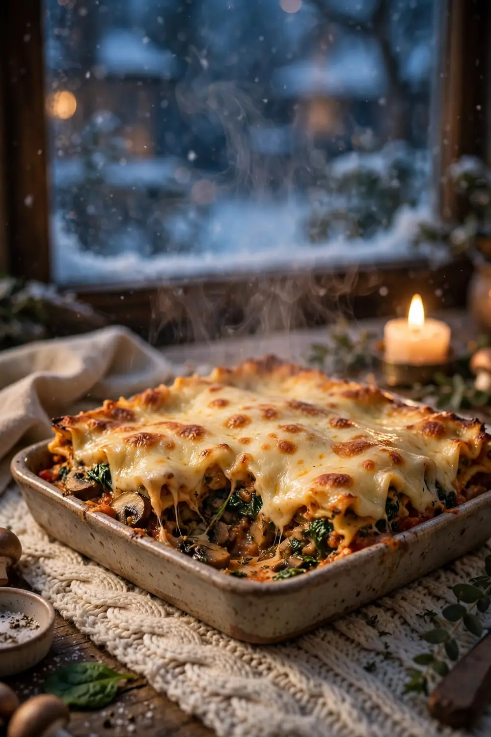 Steaming lasagna on a winter evening table