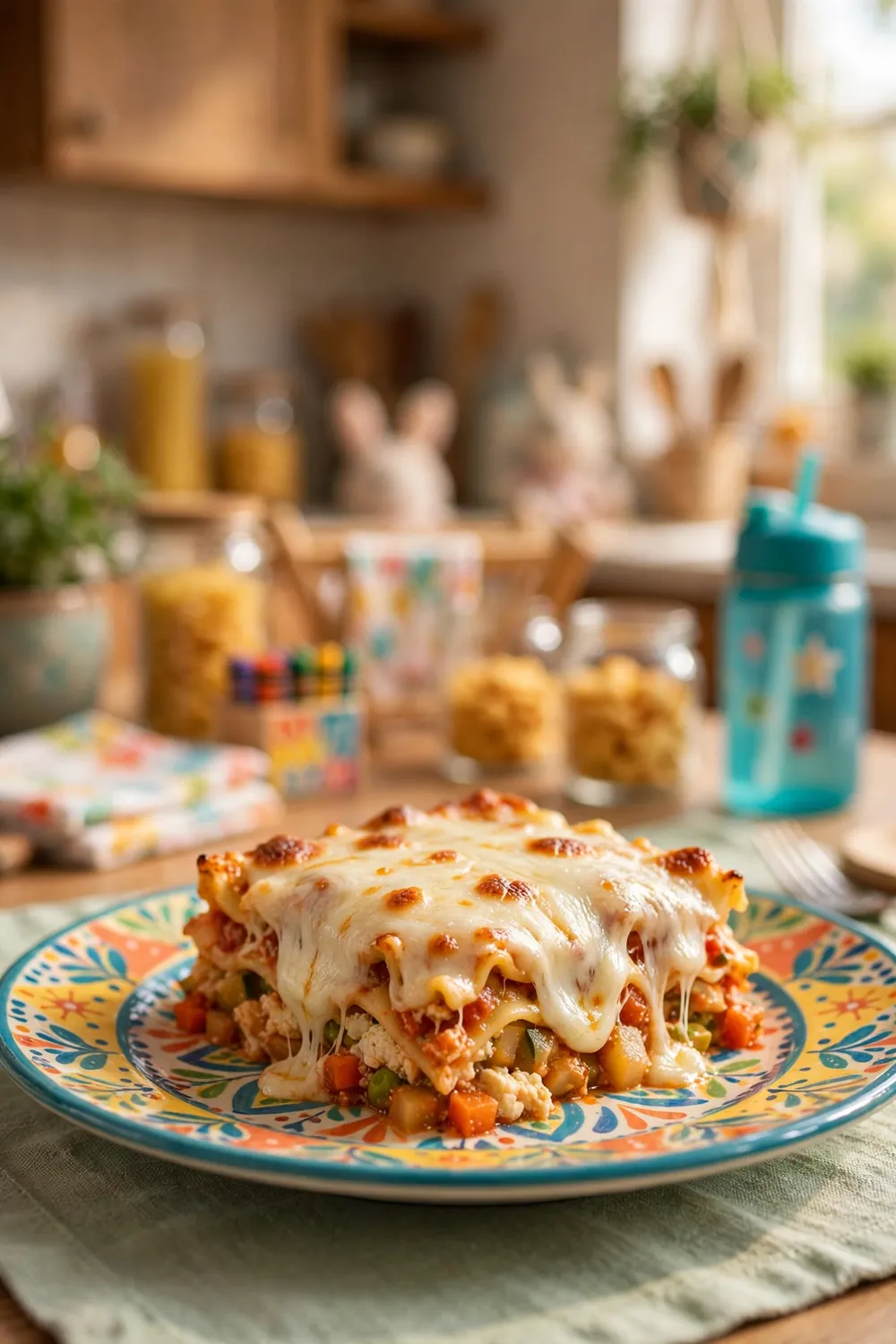 Kid friendly lasagna slice on a colorful plate